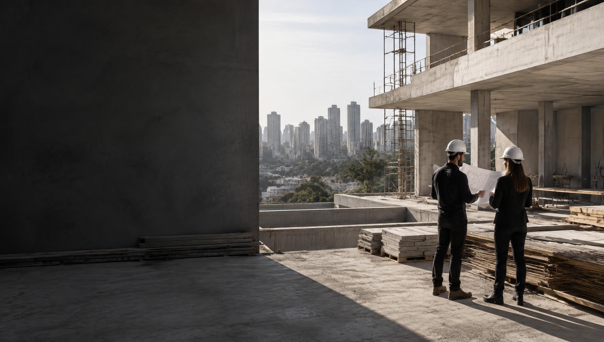 Arquitetos analisando projetos em uma obra antes do início da construção